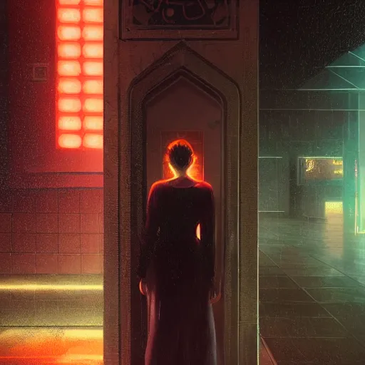 Image similar to detailed face of a woman, moment, courtyard, capital, cyberpunk mosque interior, control panel, watcher, omniscient, tech noir, wet reflections, neon, atmospheric, ambient, speed painting, livia prima, greg rutkowski, edward hopper