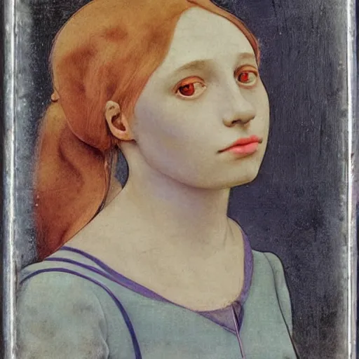 Image similar to a beautiful young lady with huge bright silver eyes, colored vintage daguerreotype by pontormo, by bosch, by Mackintosh, by max ernst, by schiele, contemporary art noveau, highly detailed, strong lights, liminal, eerie, Bright pastel colors