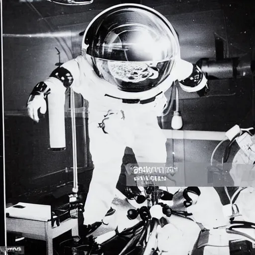 Prompt: old photograph of an astronaut in a futurist lab doing occult experiments
