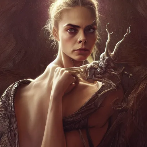 Image similar to Cara Delevigne, physically accurate, dynamic lighting, intricate, elegant, highly detailed, digital painting, artstation, HR GIGER, Hieronymus Bosch, Francis Bacon, concept art, smooth, sharp focus, illustration, art by artgerm and greg rutkowski and alphonse mucha