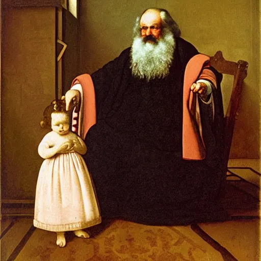 Image similar to Karl Marx as Madonna with child, Renaissance painting, art by Vermeer