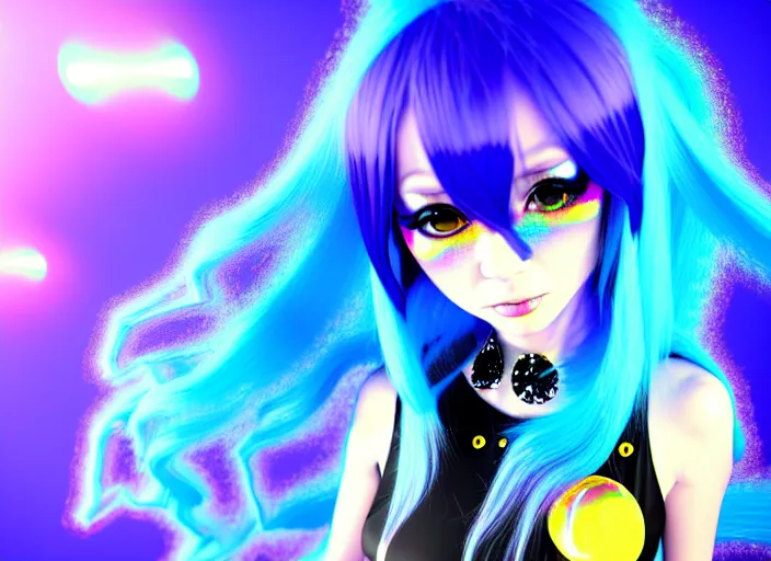 Image similar to a hologram of rimuru tempest, sky blue hair, golden yellow eyes, wearing black stylish clothing, holography, irridescent, baroque visual kei decora art pixiv 3 d render