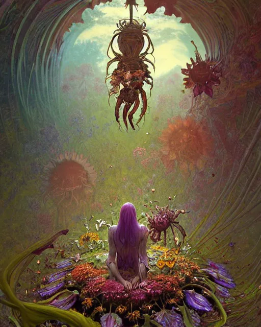 Image similar to the platonic ideal of flowers, rotting, insects and praying of cletus kasady carnage davinci dementor chtulu mandelbulb mandala ponyo dinotopia the witcher, fantasy, ego death, decay, dmt, psilocybin, concept art by randy vargas and greg rutkowski and simon stalenhag and alphonse mucha