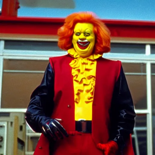 Prompt: A still of Ronald McDonald as a supervillain in a 1980s movie