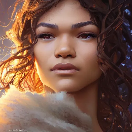 Image similar to beautiful young zendaya, closeup, d & d, fantasy, intricate, elegant, highly detailed, digital painting, artstation, concept art, matte, sharp focus, illustration, art by artgerm and greg rutkowski and alphonse mucha