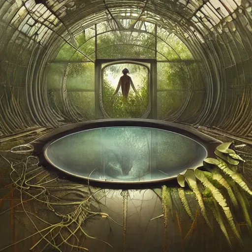 Image similar to minimalistic, hyperrealistic surrealism, award winning masterpiece with incredible details, epic stunning, infinity pool, an astronaut alone inside an empty dark flooded ballroom overgrown with aquatic plants, highly detailed, trending on ArtStation, artgerm and greg rutkowski and alphonse mucha, daily deviation, IAMAG