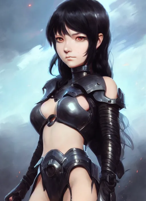 Prompt: Portrait of Anime girl with black hair, she is wearing metal armor around her chest and waist, realistic, detailed, 4k by Greg Rutkowski Mark Arian trending on artstation