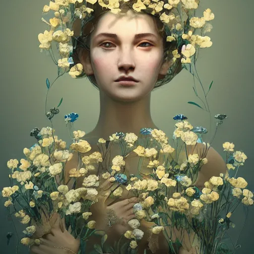 Prompt: goddess of nemophila flowers portrait, amalgamation of leaves and flowers, orthodox saint, beautiful raking sunlight, nemophila flowers, no hands. intricate artwork by Hsiao-Ron Cheng. octane render, trending on artstation, greg rutkowski. cinematic, hyper realism, high detail, octane render, 8k