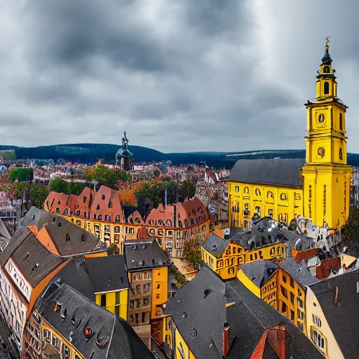 Prompt: a large yellow building with a steeple on top of it, a flemish baroque by karl stauffer - bern, unsplash, heidelberg school, panorama, wimmelbilder, nikon d 7 5 0