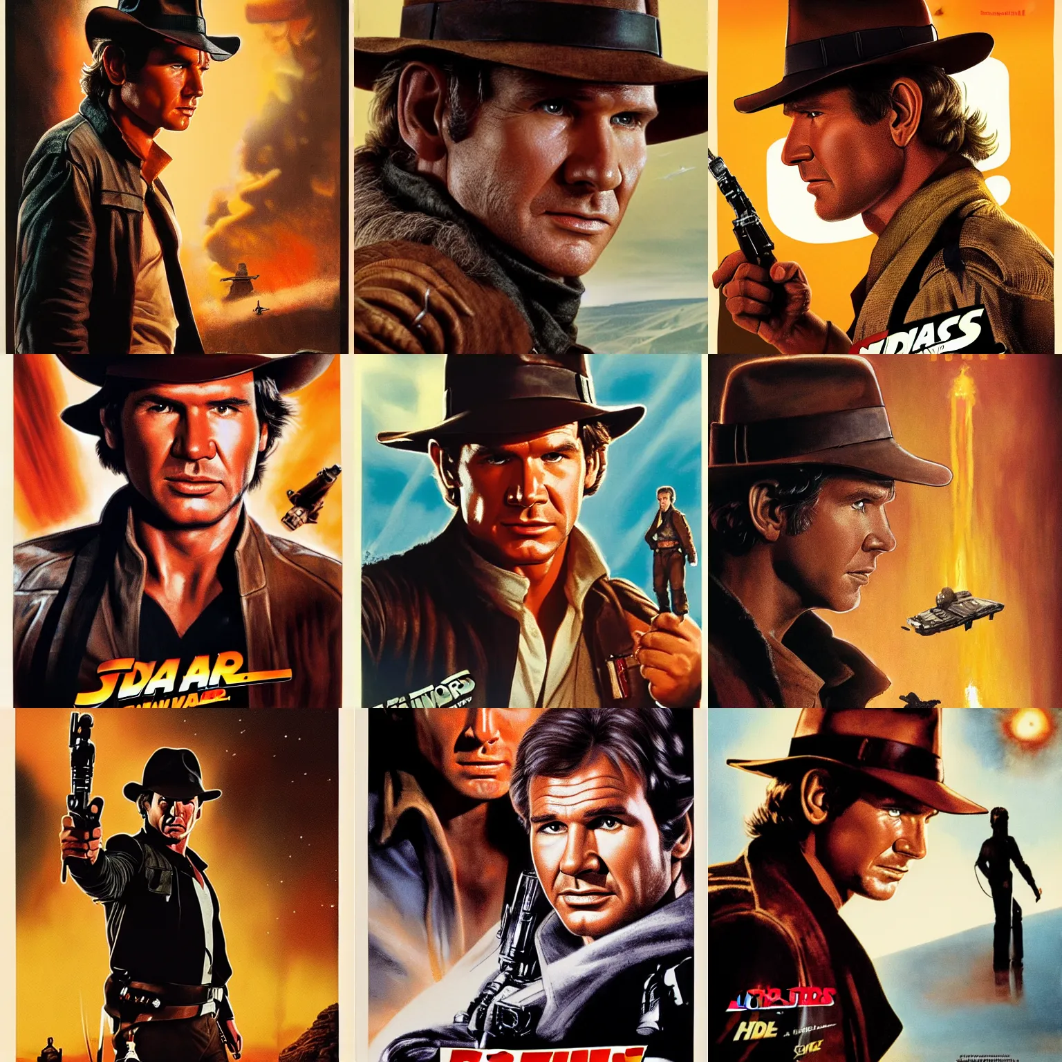 Prompt: side view of han solo facing indiana jones, movie poster by steven spielberg