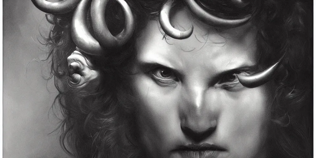 Image similar to highly detailed symetric black and white photography of a face with pointed horns, beautiful, dark, masterpiece, art by durero, goya, rubens, riccardo federici, roberto ferri, james jean, illustration