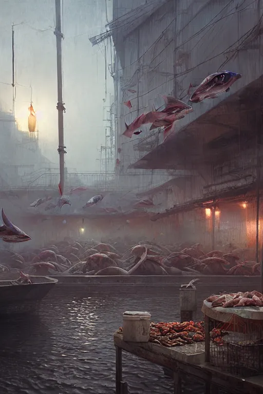 Prompt: fish market by greg rutkowski, giger, maxim verehin, zdzisław beksinski
