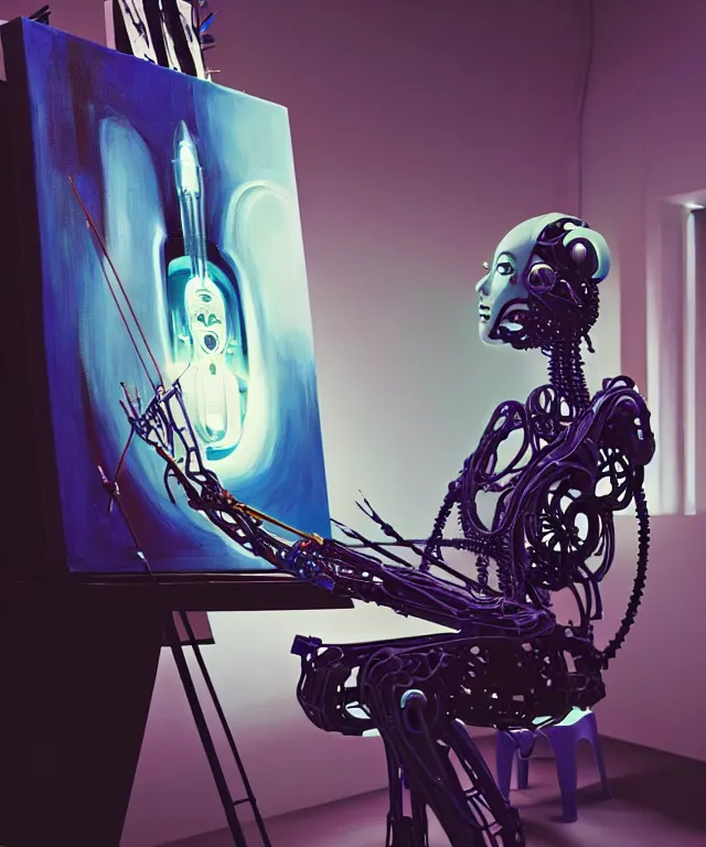 Image similar to photo of futuristic holy futuristic cyborg - robot - painter - artist creating a painting with acrylic paint and brushes in a futuristic artist studio by h. r giger, by, rich deep colors. masterpiece, intricate artwork by tooth wu and wlop and beeple, gaspar noe, james cameron,