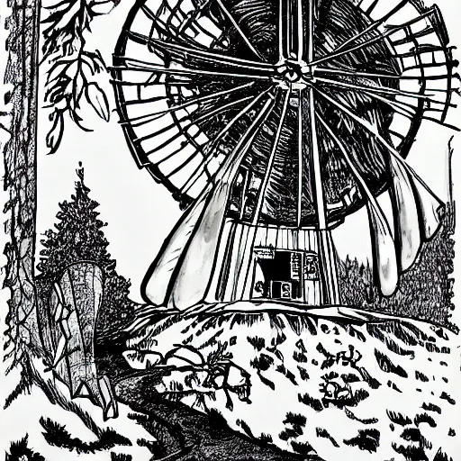 Image similar to magical forest, windmill, 1 9 2 0 s cartoon, black and white, rubber hose, fleischer studios, portrait, merry melodies, sharp focus