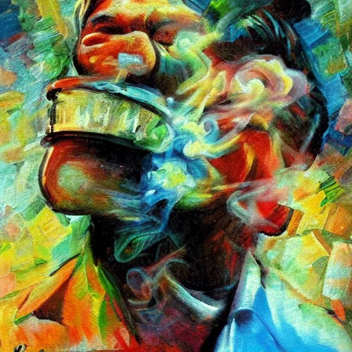 Prompt: smoker. smoke. happiness. art. impressionism