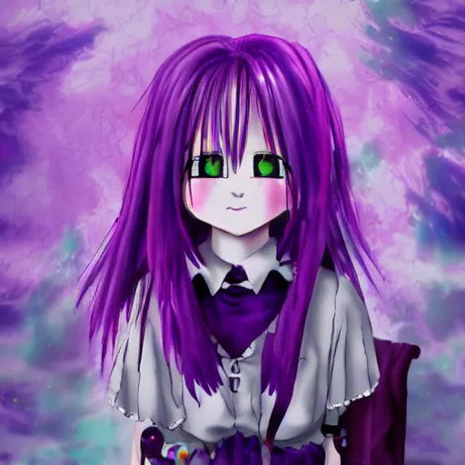 Image similar to ethereal AMV purple haired anime girl wearing a schoolgirl outfit floating in a psychedelic apocalypse in the style of Demon-Slayer