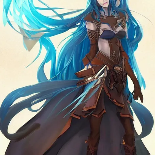 Prompt: “A detailed stunning and beautiful anime woman with brown flowing hair, long blue-cape, decorative leather armor, great proportions, excellent detail, surrounded by a catacomb of books, high quality, Full-body character portrait, trending on artstation, by rossdraws”