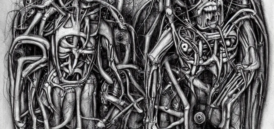 Image similar to a humanoid figure embedded into a machine in the style of hr giger, dark, body horror, human bodies, scary, disturbing, weird