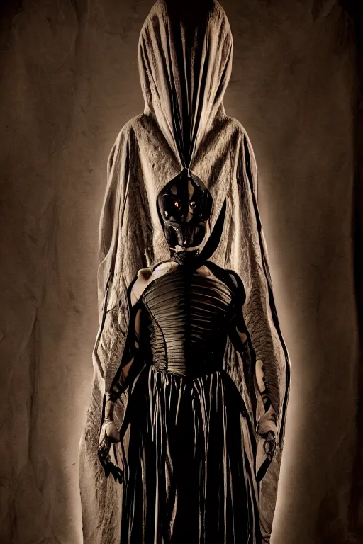 Image similar to dressed senobith, symmetrical, cinematic, elegant, dark, real photography, professional dark studio light, costume made by clive barker, 4 k, ultra hd, sense of awe