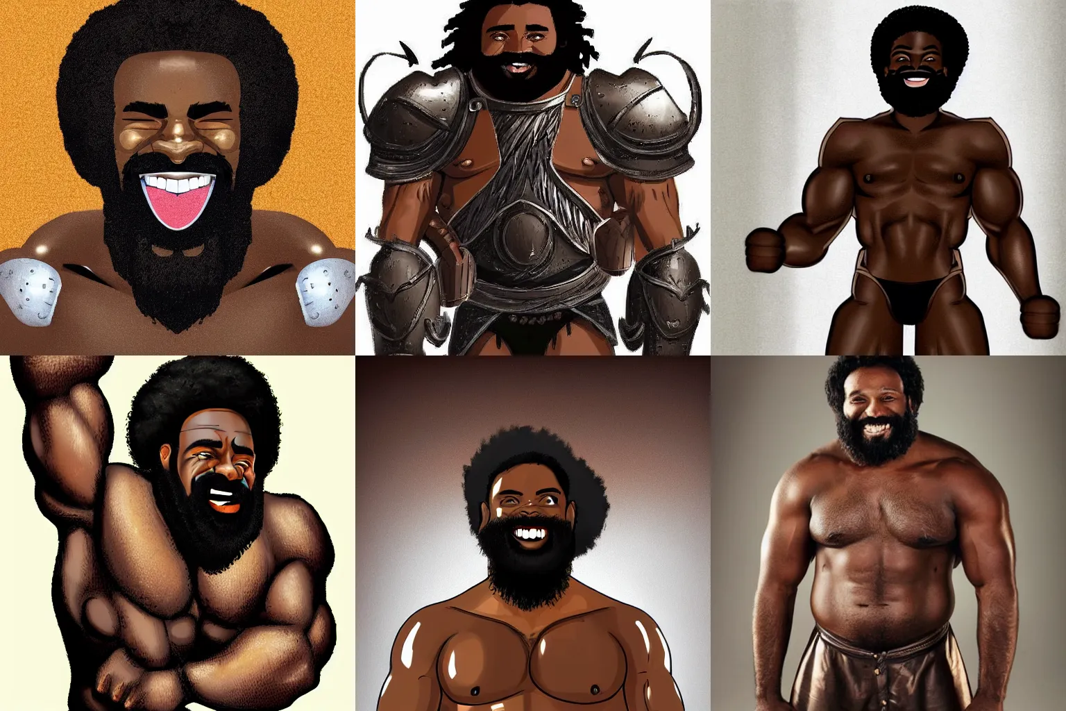 Prompt: brown skin man with a giant grin, thick black beard, wild black hair, bulging muscles, shiny plain bronze metal armour. mspaint. very simple. strong colours.