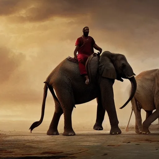 Image similar to a movie still of lebron james riding an elephant dramatically, dramatic, cinema style, digital art, art by greg rutkowski, detailed face, realistic, artstation, deviantart