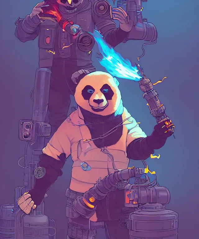 Image similar to a portrait of a cyberpunk panda holding two flamethrowers, fantasy, elegant, digital painting, artstation, concept art, matte, sharp focus, illustration, art by josan gonzalez