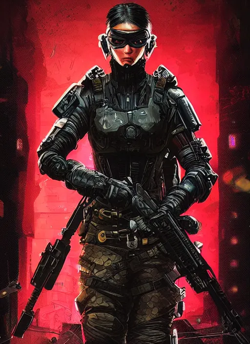 Prompt: cyberpunk blackops ninja. night vision. katana. portrait by ashley wood and alphonse mucha and laurie greasley and josan gonzalez and james gurney. spliner cell, apex legends, rb 6 s, hl 2, d & d, cyberpunk 2 0 7 7. realistic face. dystopian setting.