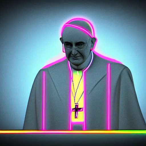 Image similar to neon pope francis, 3 d render, post - processing