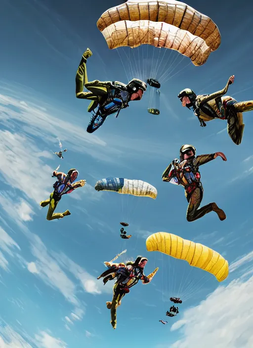 Prompt: An epic fantastic realism comic book style painting of hippies skydiving over the pentagon on acid, fisheye lens, unreal 5, DAZ, hyperrealistic, octane render, dynamic lighting