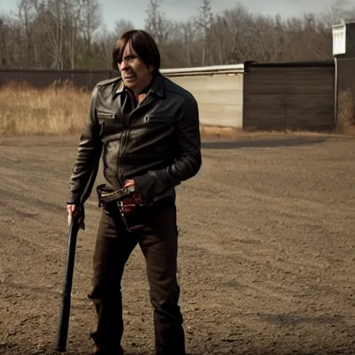 Image similar to cinematic still from the walking dead tv show with negan played by anton chigurh, anton is smiling and holding baseball bat, dark