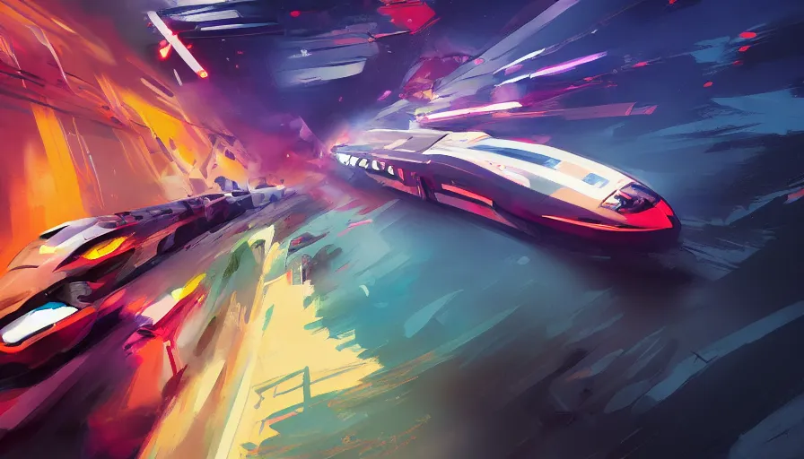 Prompt: concept art by jama jurabaev, cinematic shot, trending on artstation, high quality, brush stroke, hyperspace, vibrant colors, bullet train