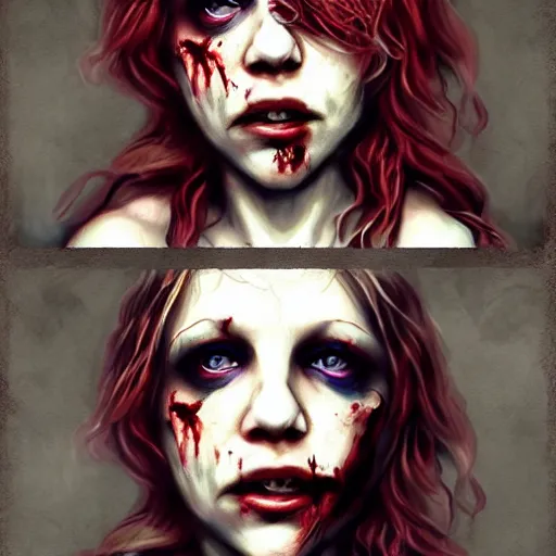 Prompt: color portrait of young courtney love as a zombie, 7 days to die zombie, gritty background, fine art, award winning, intricate, elegant, sharp focus, cinematic lighting, digital painting, 8 k concept art, art by michael hussar, art by brom, art by guweiz and z. w. gu, 8 k