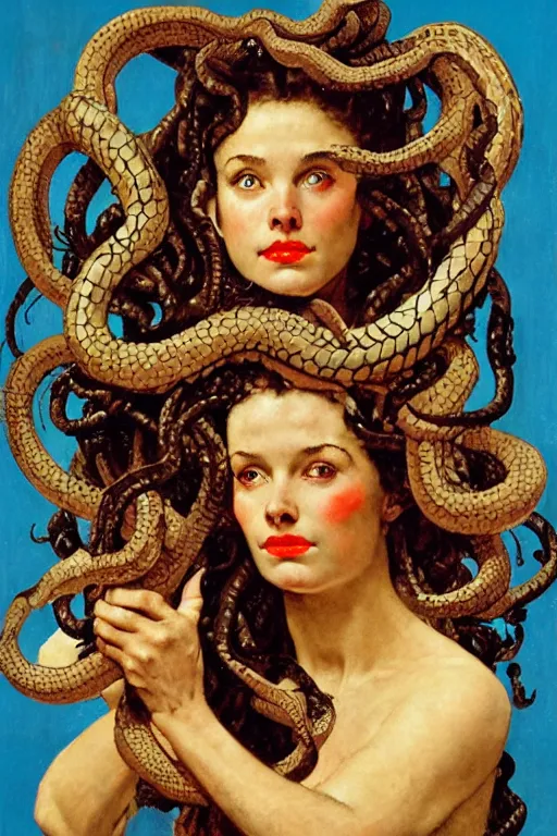 Image similar to head and shoulders portrait of fierce woman as medusa with snakes growing out of her head, norman rockwell, jacob collins, tom lovell, frank schoonover