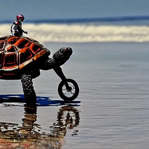 Image similar to a tiny motorbike, riding a bicycle, on the sea, on a giant turtle, eyes in the background