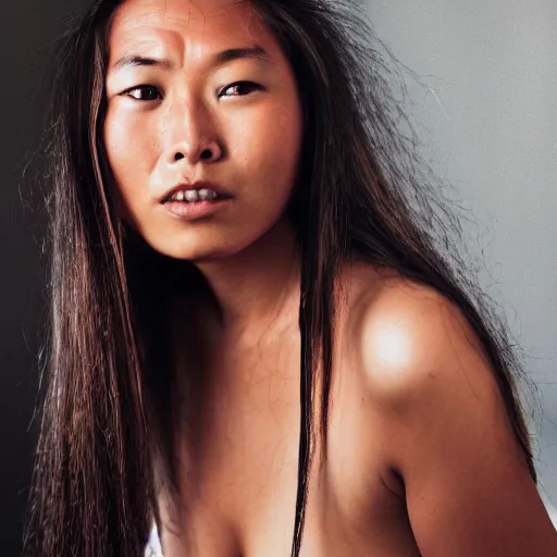 Prompt: candid portrait photograph of a tanned asian egirl with long silver hair, taken by annie leibovitz