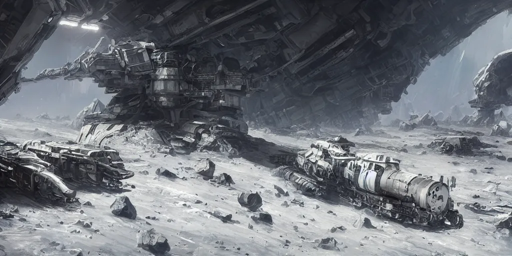 Prompt: ultra realistic illustration, an outdoor sci - fi outpost on the moon with an old broken train, lunar landscape, elegant, highly detailed, artstation, concept art, smooth, sharp focus, moody, dramatic lighting, art by wadim kashin