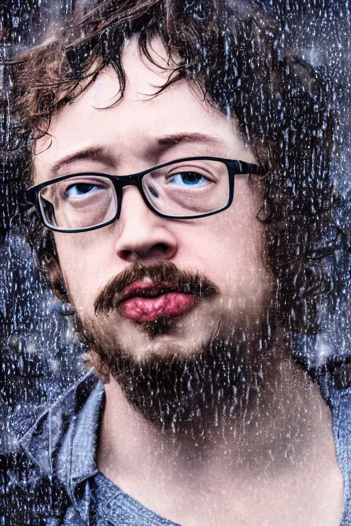 Image similar to portrait of Sam Hyde, close-up, sigma male, rule of thirds, award winning photo, highly detailed features, raining, ethereal lighting, nft backdrop, in the style of Ayami Kojima