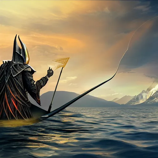 Prompt: lord sauron on his new paddle fishing a giant swordfish, mt everest background, digital art, trending on art station, high quality, uhd 8 k, beautiful, golden hour, intricate detail, high gradient, raytracing