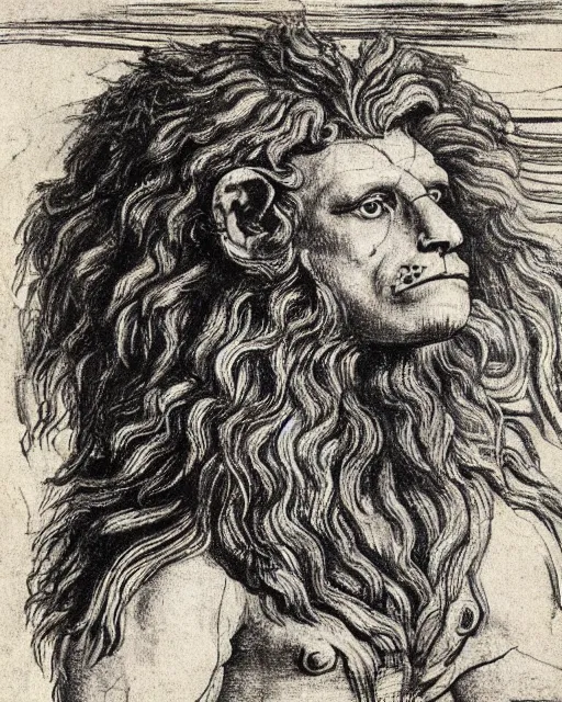 Prompt: human - eagle - lion - ox portrait. drawn by da vinci