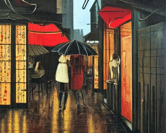 Prompt: a melancholy rainy night in a food street of cyberpunk city de chirico