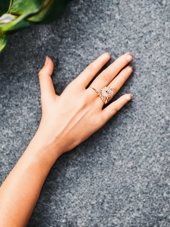 Prompt: macro photo of one!! elegant gorgeous detailed woman's hand palm up with ring, instagram photo, studio photo