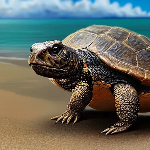 Image similar to large cute adorable snapping turtles walking on the beach in maui, hyper realistic painted by greg rutkowski, unreal engine