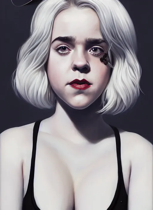 Image similar to full body portrait, kiernan shipka as sabrina spellman, white hair, obese, bangs, sultry, realistic, sultry smirk, fluffy bangs, freckles, fat, belly, intricate, elegant, highly detailed, digital painting, artstation, concept art, smooth, sharp focus, illustration, art by wlop, mars ravelo and greg rutkowski