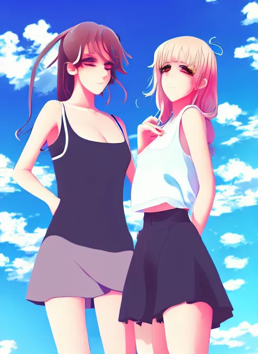 Image similar to two beautiful women under a blue sky, casual summer clothes, gorgeous faces, thick lines, cinematic lighting, detailed anime art