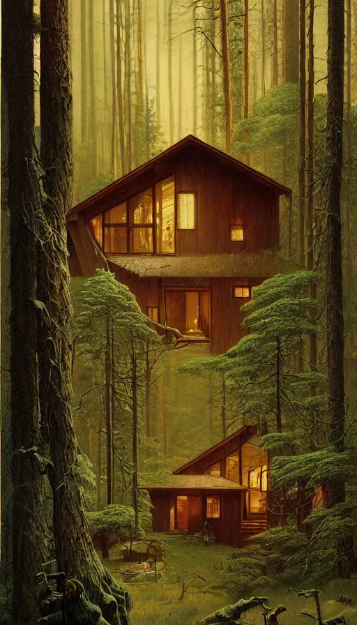 Image similar to cozy home in the woods moody lighting, highly detailed, painting by zdzisław beksinski and norman rockwell and greg rutkowskiweta studio, and lucasfilm