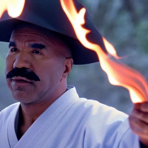 Prompt: cinematic film still of Steve Harvey starring as a Japanese Sensei with fire, Japanese CGI, VFX, 2003, 40mm lens, shallow depth of field, film photography