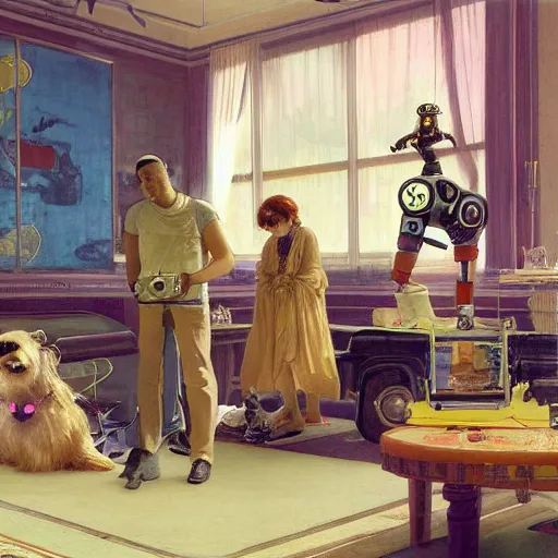 Prompt: (GTA V) Frenetic domesticity, with a parent and child and robot dog in the center, surrounded by futuristic items of convenience. The colors are muted-neon and calming, serine complacency. By Ellen Jewett, by Lawrence Alma-Tadema, realistic