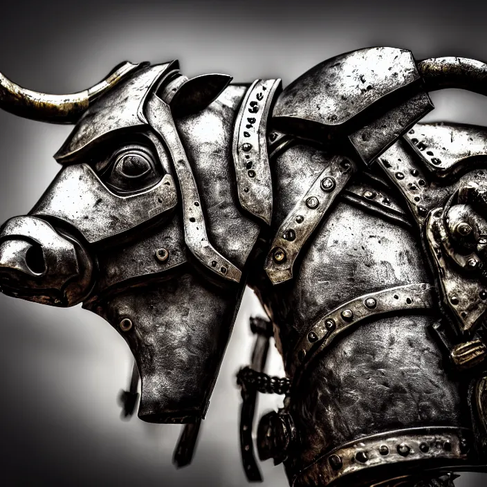 Image similar to photo of a warrior with metal cow themed armour, highly detailed, 4 k, hdr, smooth, sharp focus, high resolution, award - winning photo