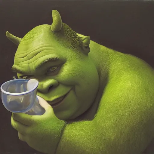 Image similar to a portrait of shrek who is half cat drinking from bowl of milk, hyper realistic, oil painting, da vinci, 8 k, green, whiskers, epic,