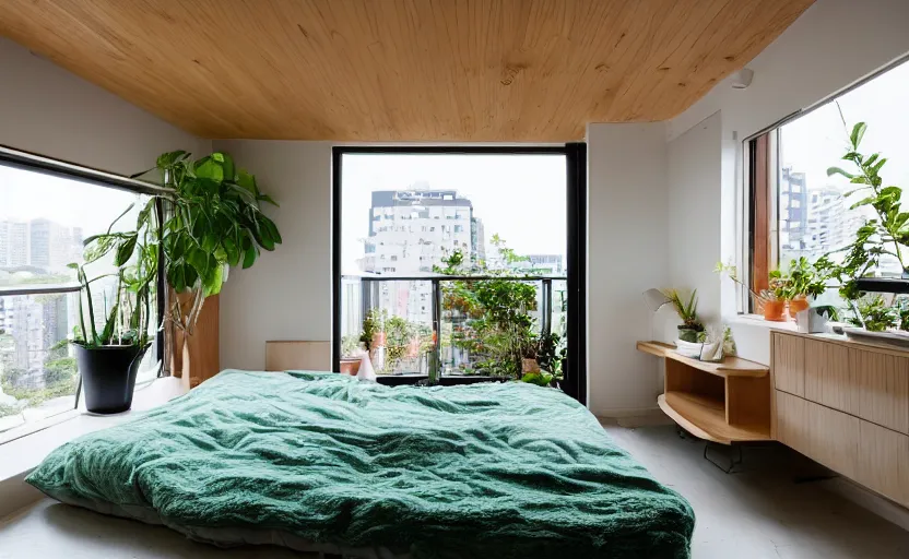 Image similar to a bright and cozy minimalist bedroom, white and pine wood, bed, cupboards, green potted plants, large window with a view of large concrete Japanese apartment blocks